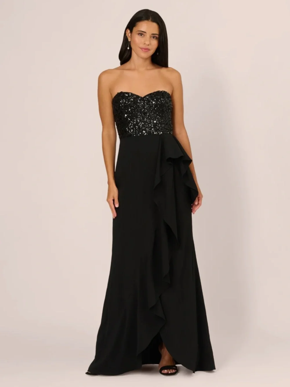 Strapless Sequin Ruffle Combo Gown In Black - Picture 2 of 6